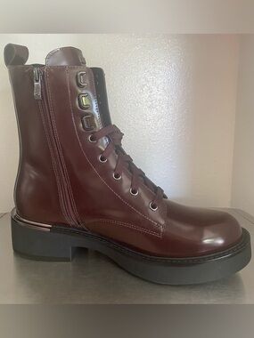 NEW-DKNY PATENT LEATHER ZIP UP COMBAT BOOTS IN DARK CHERRY